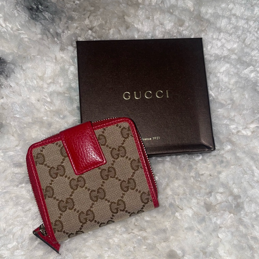Gucci Canvas Logo Red Leather Trim Bifold Wallet